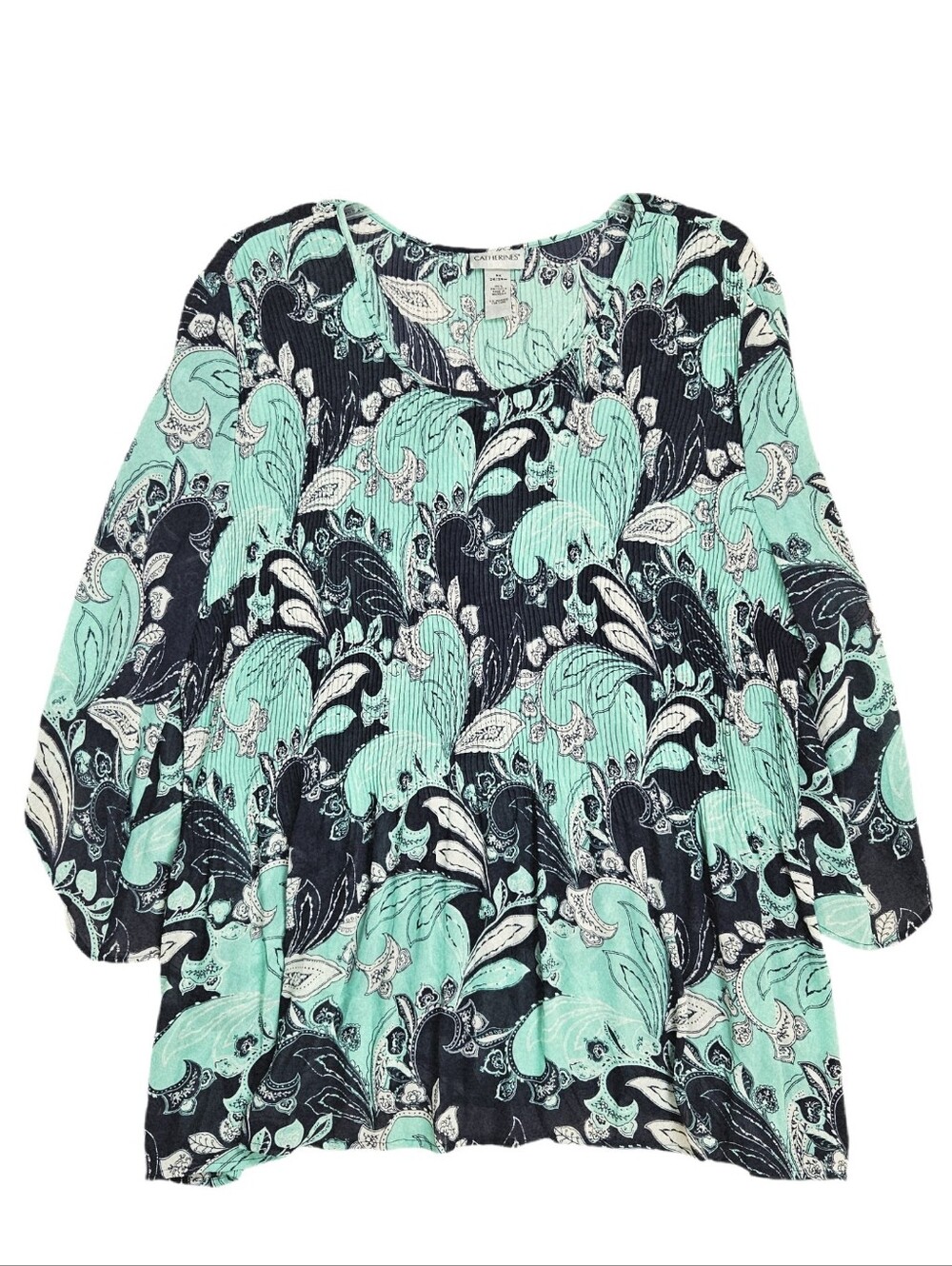 Catherines Crinkle Blouse Paisley Navy Blue Green Womens 3x 3/4 Sleeves Loose